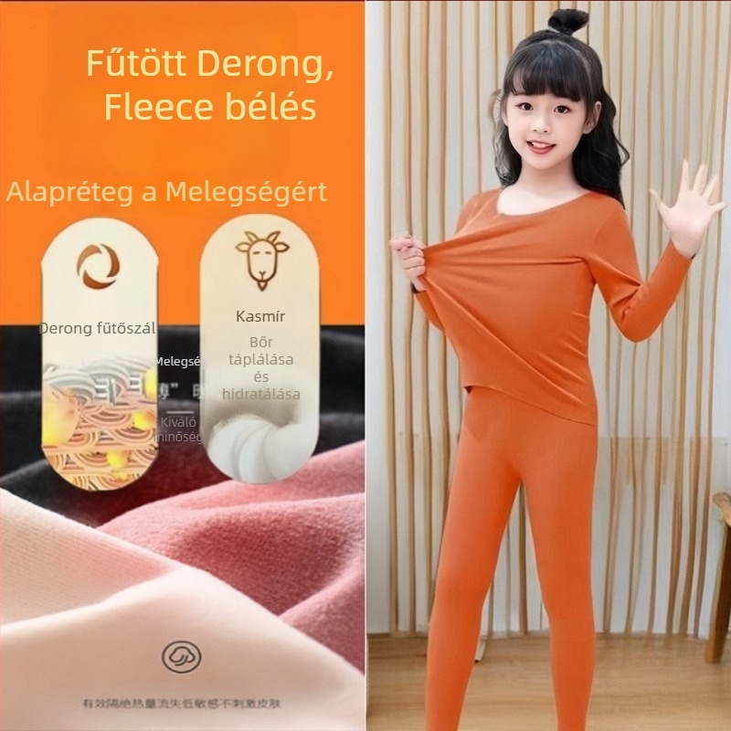 Derong kétoldalas plüssből készült gyerek termo felső és nadrág szett, felső része félmagas gallérral, önmelegítő pizsama.