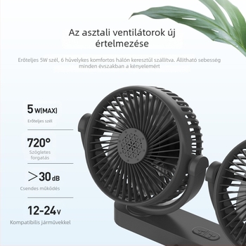 Autóventilátor, 12V-24V univerzális, 10W, USB táplálás, szívócsésze, dupla fejű, modell ymg-904
