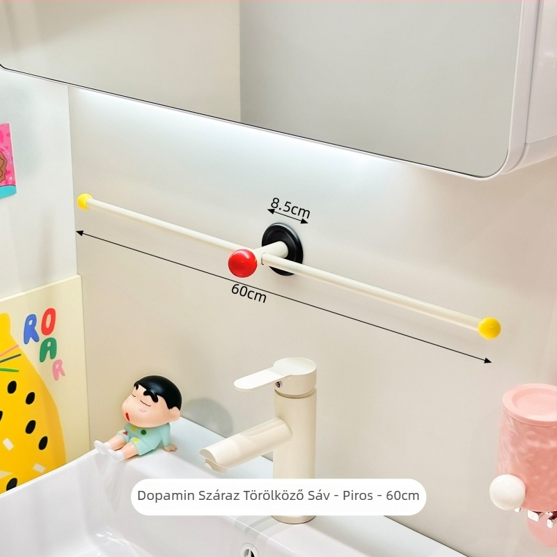 Fali törölközőtartó fürdőszobába, fúrás nélküli szerelés, ABS/PP anyag, tároló polc