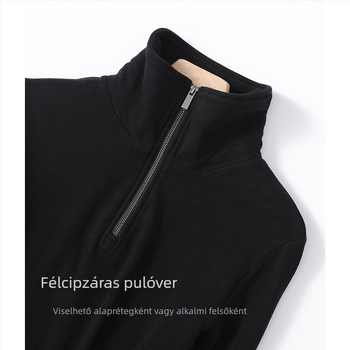 Női velúr fleeces pulóver fél-zipzárral és fél magas gallérral, meleg, karcsú szabás, hosszú ujjú