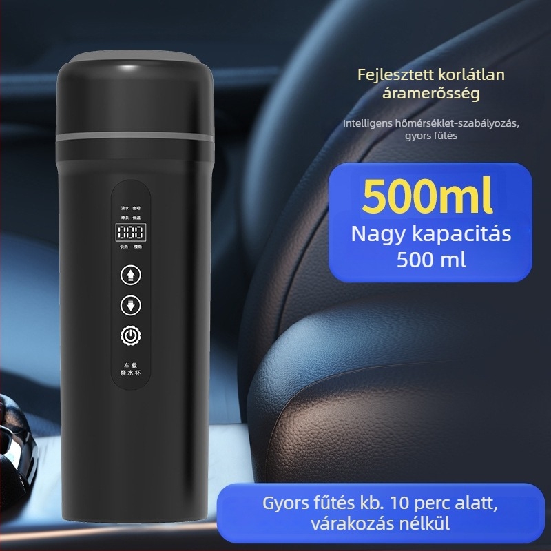 USB autó vízforraló pohár elektromos fűtéssel, belső rozsdamentes acél tartály, 500-1000 ml kapacitás