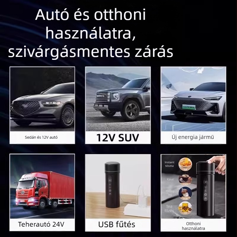 USB autó vízforraló pohár elektromos fűtéssel, belső rozsdamentes acél tartály, 500-1000 ml kapacitás
