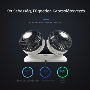 Autóventilátor kettős LED kijelzővel, USB töltés, 12/24V univerzális, kettős vezérlés