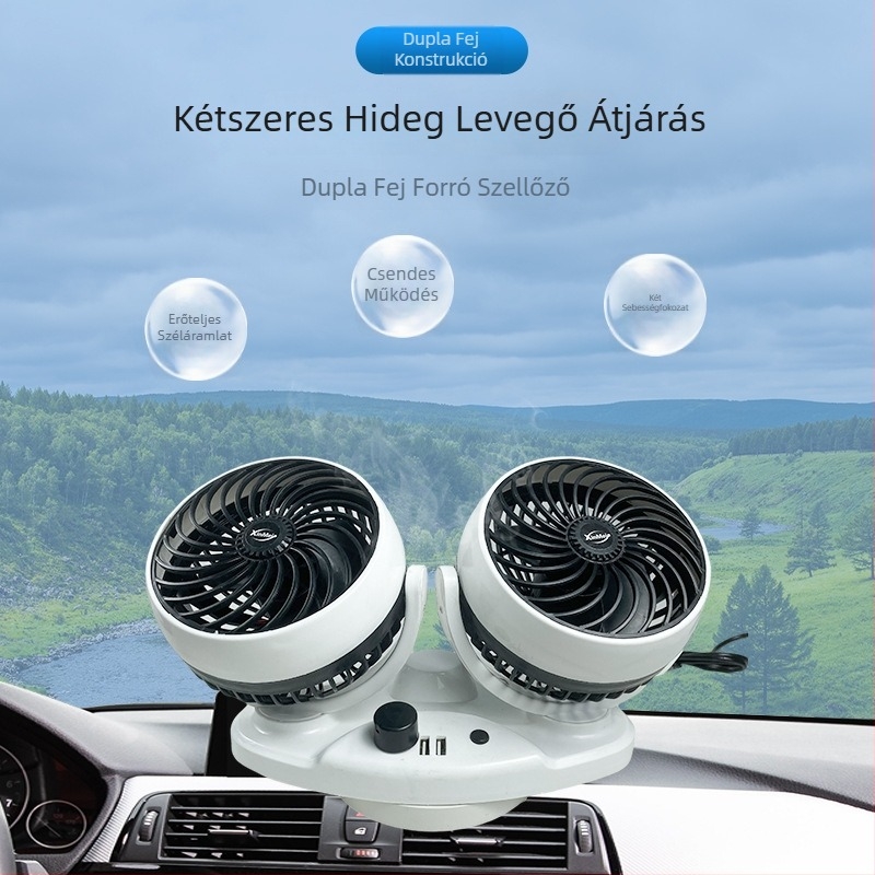 Autóventilátor kettős LED kijelzővel, USB töltés, 12/24V univerzális, kettős vezérlés