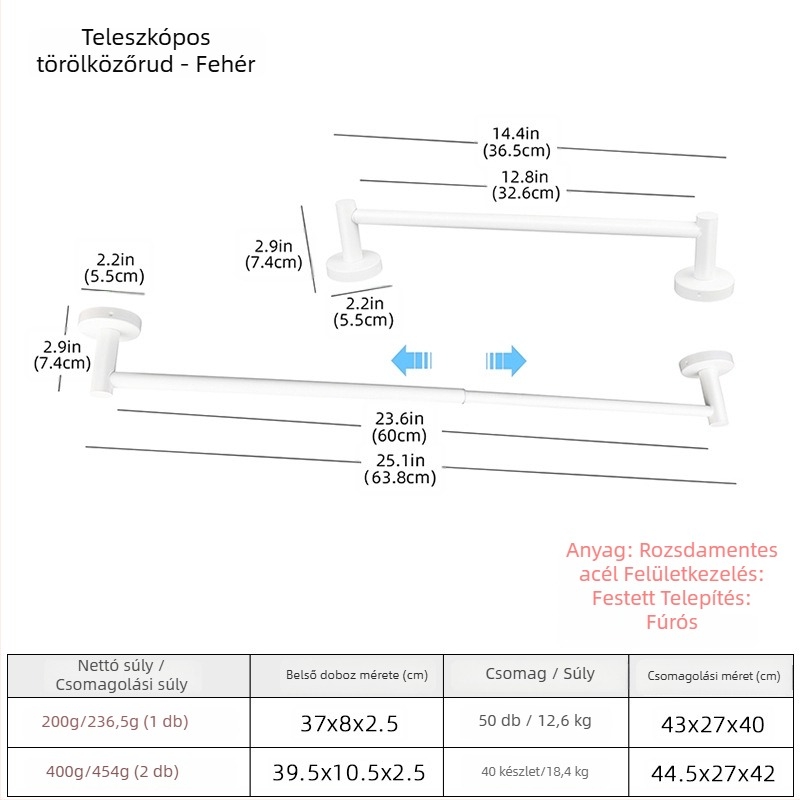 Rozsdamentes acélból készült állítható törölközőtartó egyetlen rúddal, teherbírás 5 kg