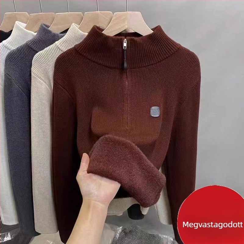 Női kötött pulóver cipzárral és polo gallérral, fleece béleléssel, lazán szabott, közepes vastagság