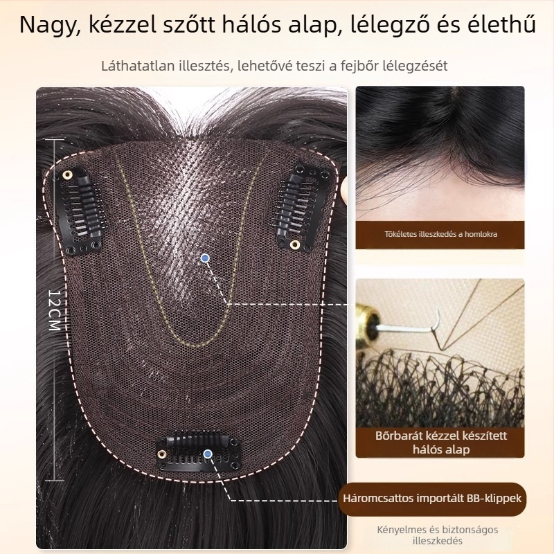 Női rétegzett göndör paróka-darab, hálózat nélkül, puha felső rész, magas koronával, volumen növelő, könnyű, fed a szürke haját, egy darabos stílus, 45 cm hosszú, természetes mocha barna