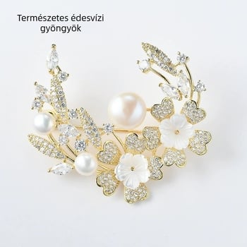 Virág alakú bross rézből, aranyozott mesterséges kövekkel és gyöngyberakással; uniszex, egyszerű stílus