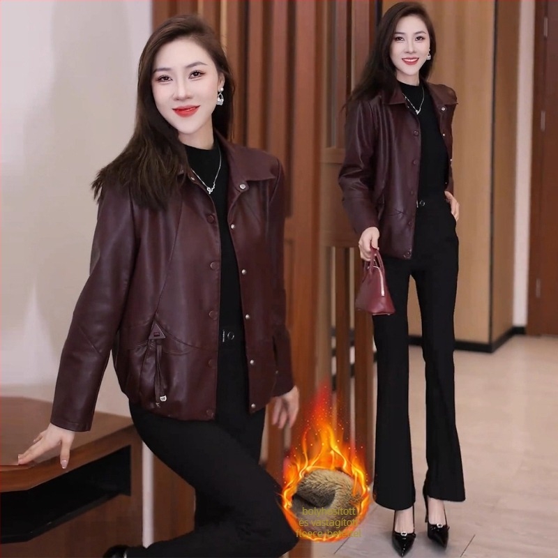 Női PU műbőr kabát, Slim Fit, Turn-down Collar, Cipzár, Hosszú ujjú, 2025 ősz