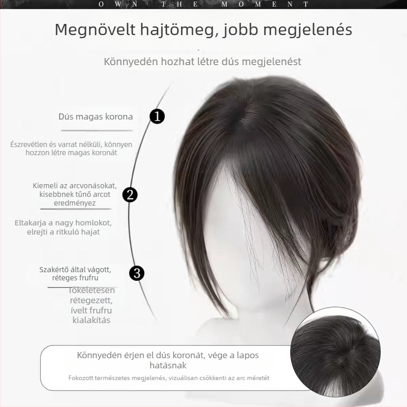 Női kézzel szőtt frufrus paróka, fejtetőn volumen, elfedi ősz szálakat, puha és könnyű, magas koronával