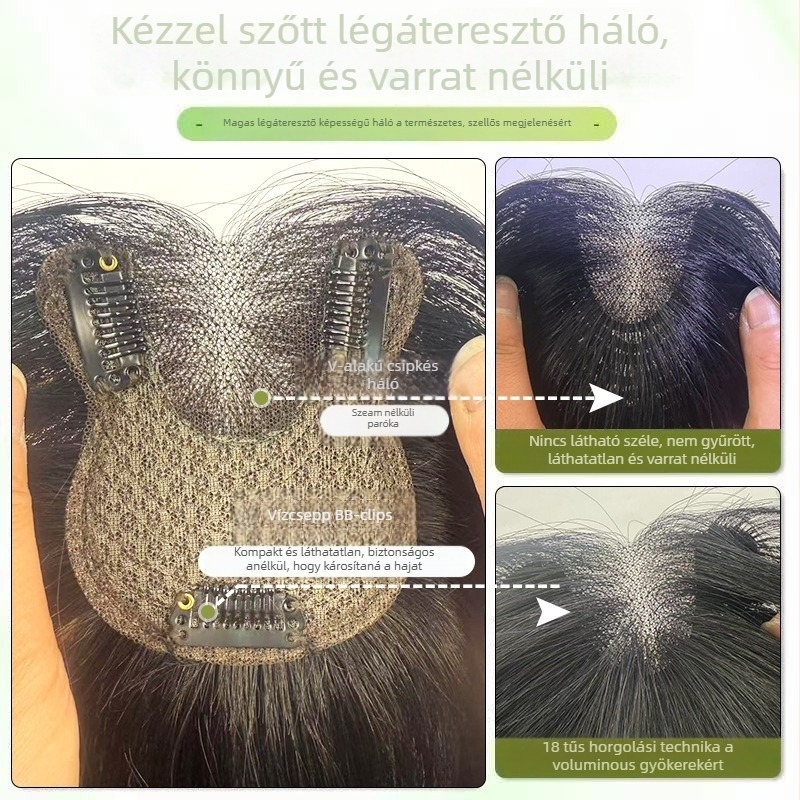 Valódi emberi hajból készült topp-póthaj a fejtetőre, egyenes, kézzel szőtt, festhető