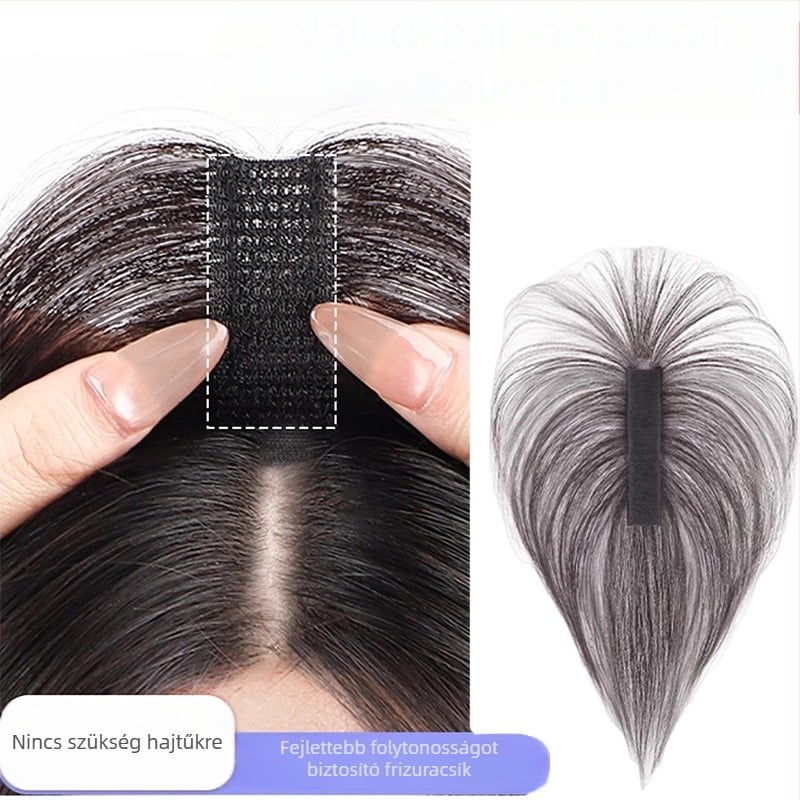 Velcro frufros paróka — csatok nélkül, egy patch elfedi a varratokat és növeli a volument; kézzel szőtt, természetes hajból, hálós aljzat 2.5×10 cm a nyári modellhez