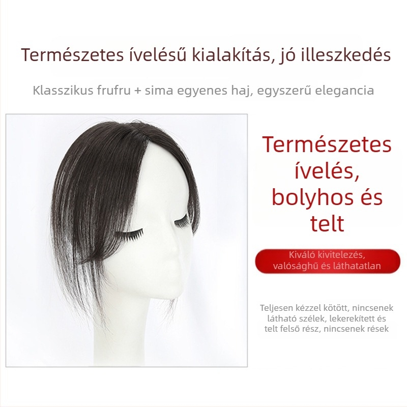 Kézzel szőtt emberi hajból készült paróka-darab nőknek, frufival, a fej teteje felé történő pótláshoz, bolyhos, természetes megjelenés
