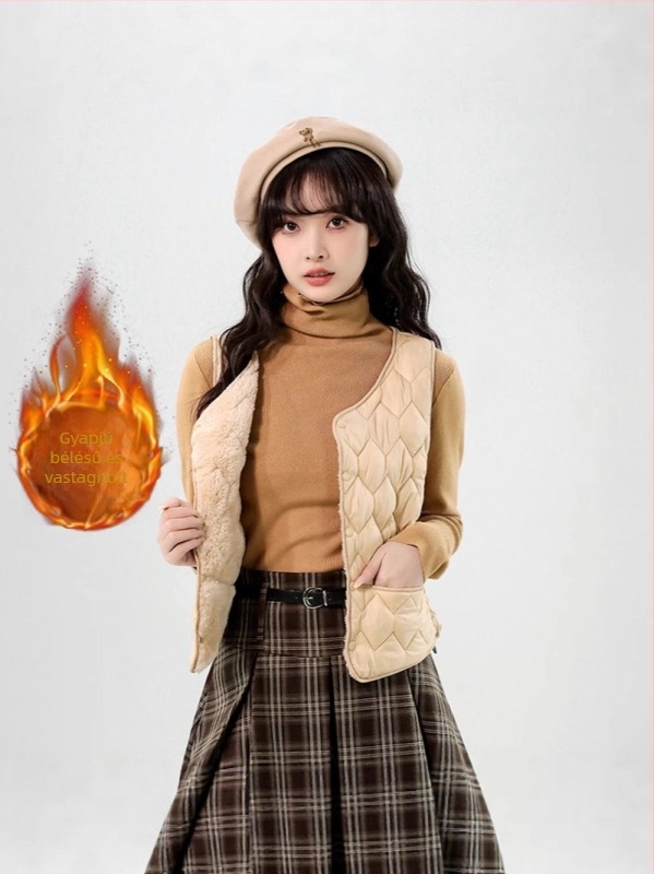 Mellény fleece-béléssel, ujjatlan, téli vastag báránygyapjú bélés, Sweet Potato Notes, új modell 2025