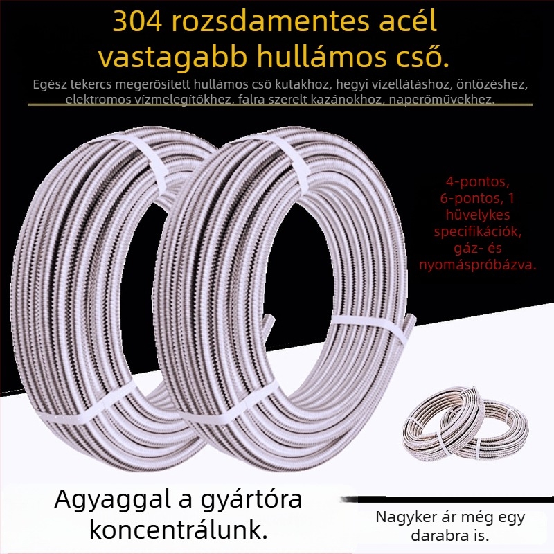 304 rozsdamentes acél hullámos bevezetőcső csavaros csatlakozással WC-hez — forró és hideg víz bemenet, anyag: 304, névleges nyomás 0-20, hőmérséklet 0-80°C