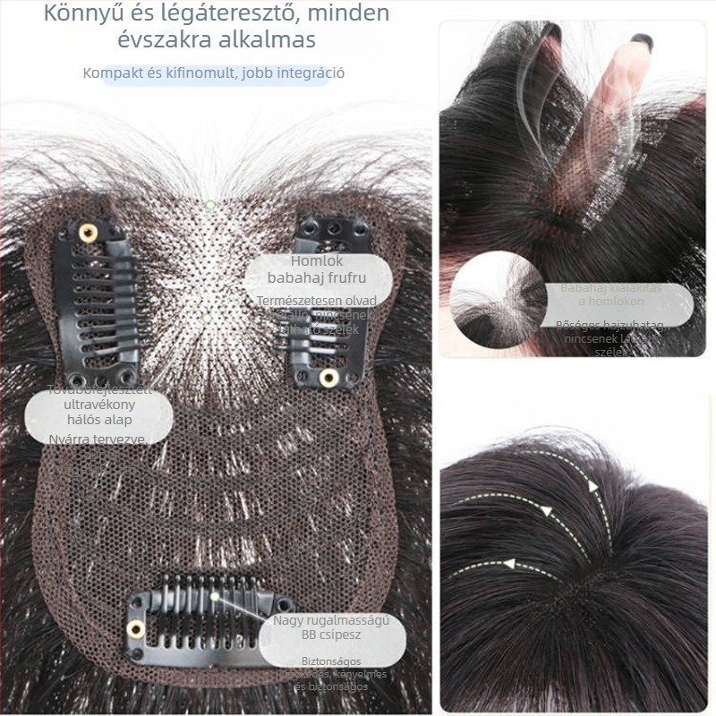 Női frufros paróka a koronán — varrat nélküli, valódi emberi haj, növeli a volumenét, elfedi az ősz hajat