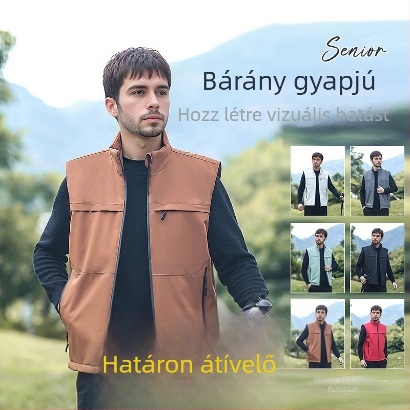 Férfi pamutból töltött mellény fleece béléssel, laza szabás, poliészter anyag, cipzáras zsebek