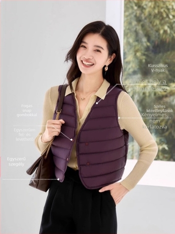 Női könnyű tollmellény V-nyakkal, laza szabás, egysoros gombolás, 86–90% tolltöltet, 101–200 g fehér kacsa toll