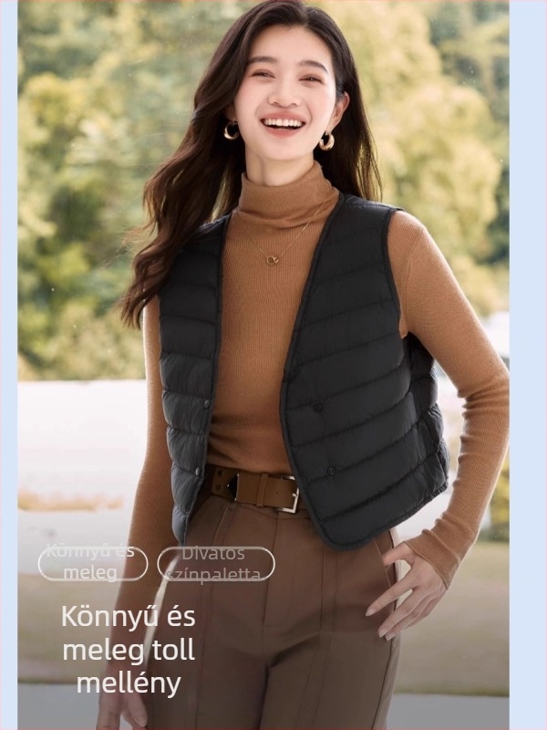 Női könnyű tollmellény V-nyakkal, laza szabás, egysoros gombolás, 86–90% tolltöltet, 101–200 g fehér kacsa toll