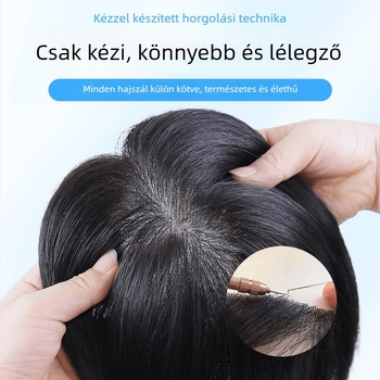 Valódi hajból készült paróka darab, kézzel szőtt, dupla tűs technikával, egyenes haj; modell Pass needle 13x15; festhető és dauerolható.