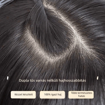 Valódi hajból készült paróka darab, kézzel szőtt, dupla tűs technikával, egyenes haj; modell Pass needle 13x15; festhető és dauerolható.