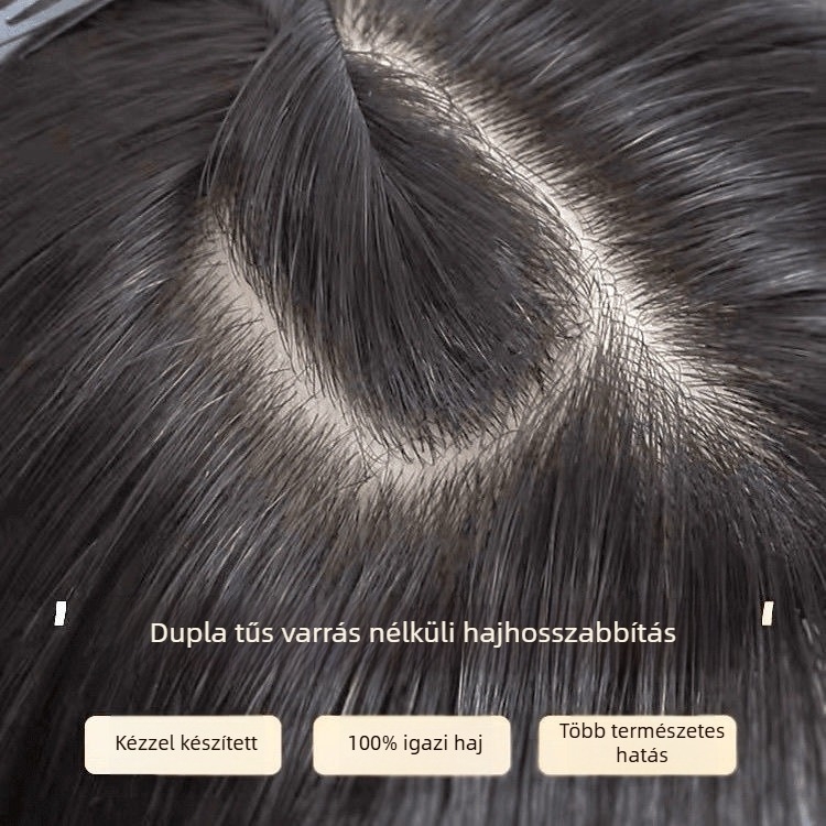 Valódi hajból készült paróka darab, kézzel szőtt, dupla tűs technikával, egyenes haj; modell Pass needle 13x15; festhető és dauerolható.