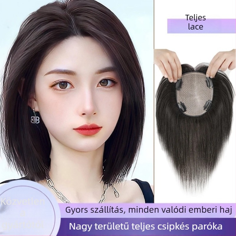 Valódi hajból készült paróka darab, kézzel szőtt, dupla tűs technikával, egyenes haj; modell Pass needle 13x15; festhető és dauerolható.