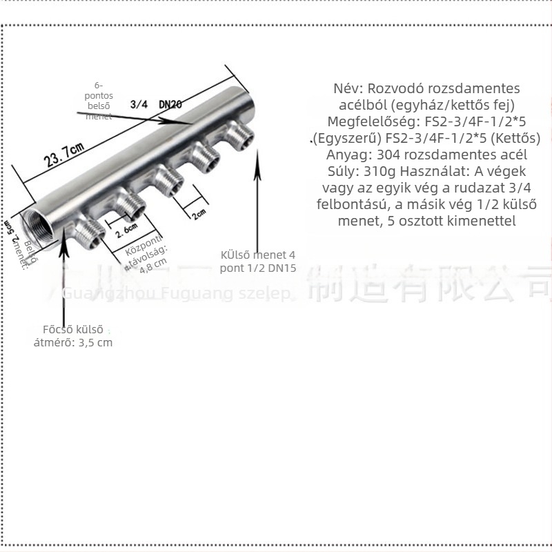 FSQ 304 rozsdamentes acél víz elágazó csatlakozó DN20 belső menetből DN15 külső menetbe, menetes szerelés, működési hőmérséklet 80°C-ig