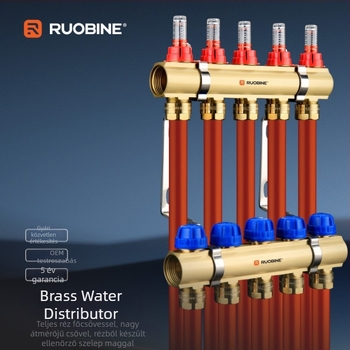 Réz padlófűtés vízelosztó A0313 – menetes csatlakozás, 5–60°C, ágcsőátmérő 16×2.0–20×2.0