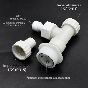 Kétcsatlakozós adapterrel ellátott háromágú vízbevezető Tee, műanyagból, matt felület, gyorscsatlakozás telepítés, ágcső átmérője 15 mm