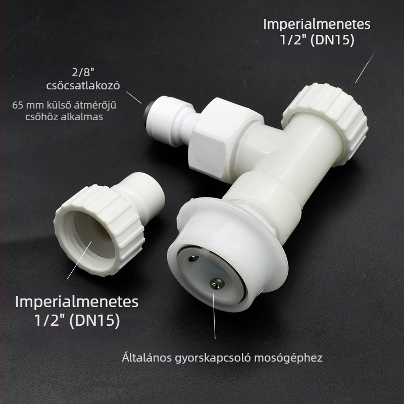 Kétcsatlakozós adapterrel ellátott háromágú vízbevezető Tee, műanyagból, matt felület, gyorscsatlakozás telepítés, ágcső átmérője 15 mm