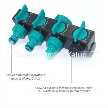 Kerti vízcső elosztó – négyutas osztó öntözéshez, ABS, tömeg 0,26 kg, víznyomás 8 kg, osztja egy csapot négy kimenetre