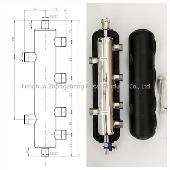 Padlófűtés összekapcsoló tartály, falra szerelt kazánhoz szánt vízelosztó és keverő tartály, 2 bemenet-4 kimenet, rozsdamentes acél 304, modell ZZ18122 (Modell ZZ18122; Rozsdamentes acél 304; Működési hőmérséklet 0–120 °C; Főcső Ø25; Leágazó Ø15)