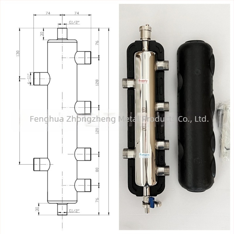 Padlófűtés összekapcsoló tartály, falra szerelt kazánhoz szánt vízelosztó és keverő tartály, 2 bemenet-4 kimenet, rozsdamentes acél 304, modell ZZ18122 (Modell ZZ18122; Rozsdamentes acél 304; Működési hőmérséklet 0–120 °C; Főcső Ø25; Leágazó Ø15)