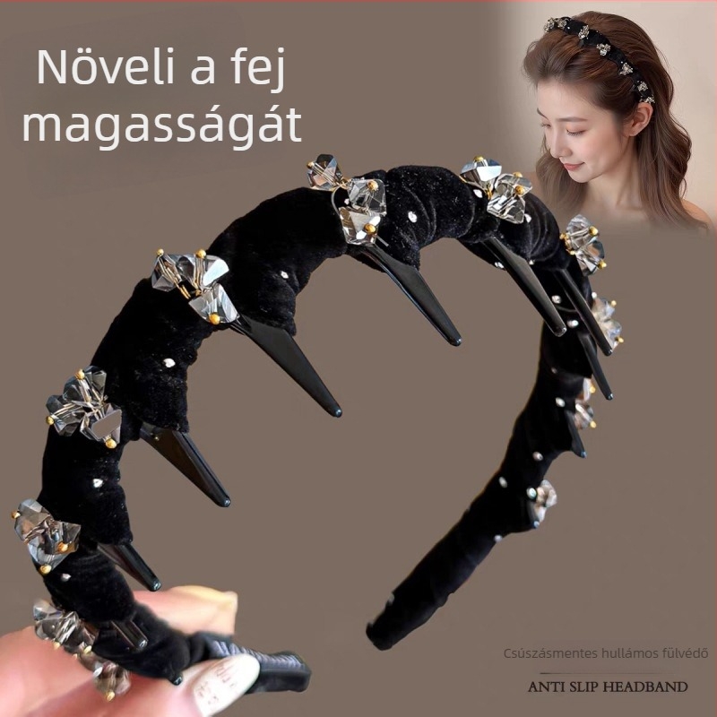 Rhinestone magas koronájú fejpánt nőknek - kézzel készített, csúszásmentes, fogazott dizájn, velúr stílus, műgyanta anyag