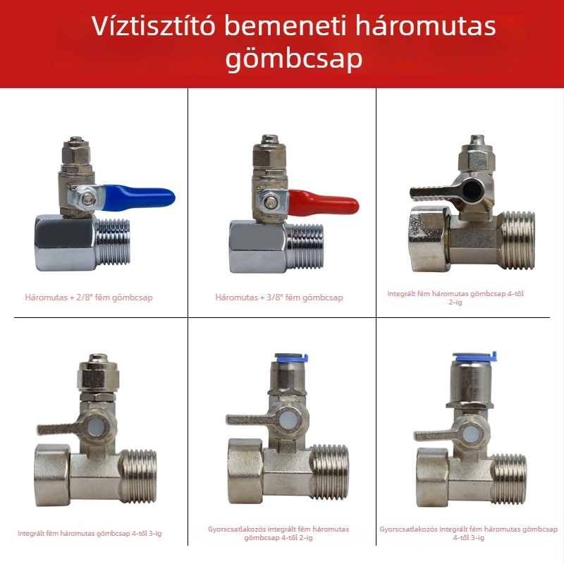 Tiszta rézből készült bemeneti háromutas golyóscsap a víztisztítóhoz, adapter 1/2-inch és 1/4-inch, elosztó tartozékok