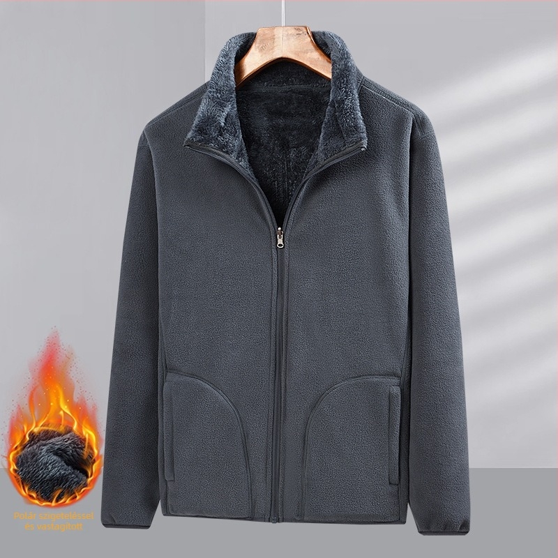 Uniszex polár fleece kardigán korall fleece béléssel, egyszínű, meleg