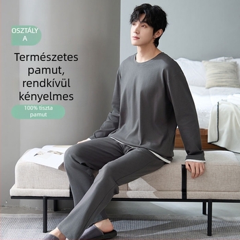 Férfi antibakteriális pamut pizsama szett hosszú ujjú felsővel és hosszú nadrággal, 100% pamut, vastag anyag 201–250 g/m²
