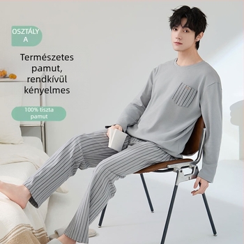 Férfi antibakteriális pamut pizsama szett hosszú ujjú felsővel és hosszú nadrággal, 100% pamut, vastag anyag 201–250 g/m²