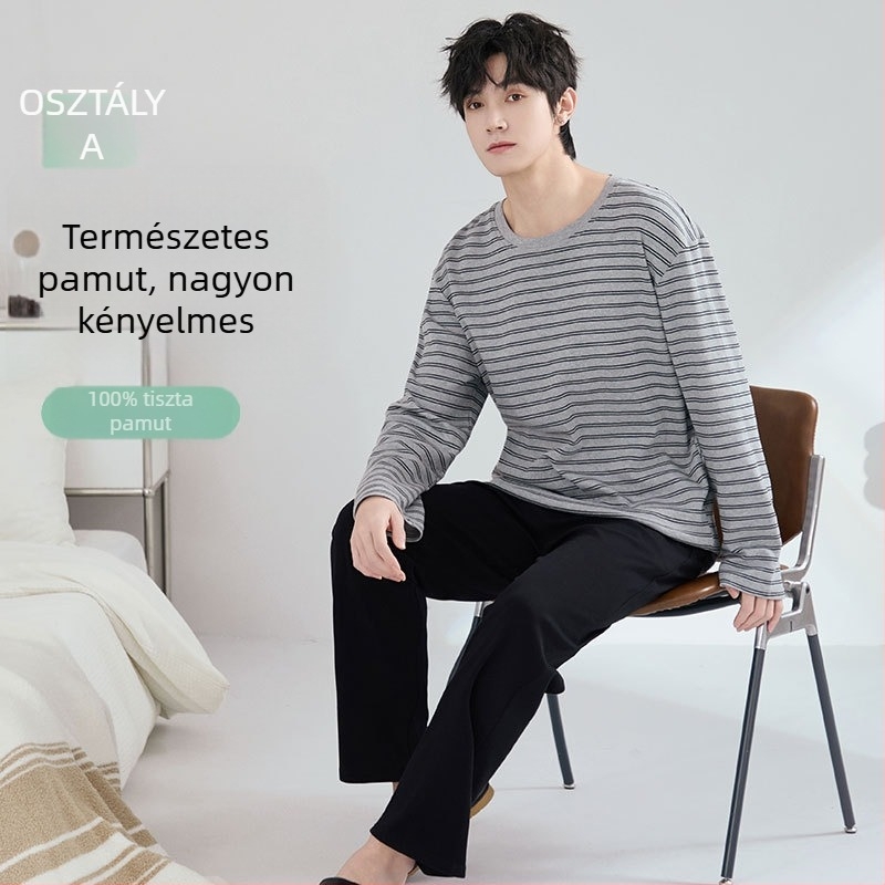 Férfi antibakteriális pamut pizsama szett hosszú ujjú felsővel és hosszú nadrággal, 100% pamut, vastag anyag 201–250 g/m²