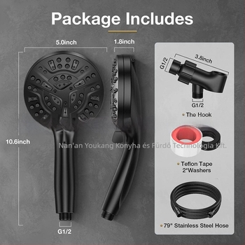 Kézi zuhanyfej szűrővel és boosterrel, ABS, CUPC tanúsítvány, 0-90°C, 8+2 funkció