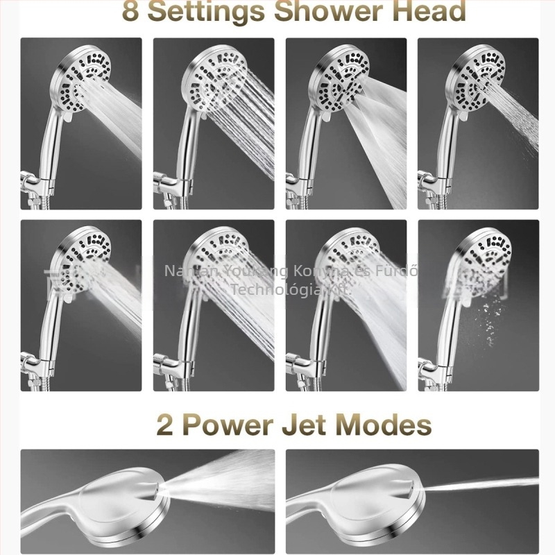 Kézi zuhanyfej szűrővel és boosterrel, ABS, CUPC tanúsítvány, 0-90°C, 8+2 funkció