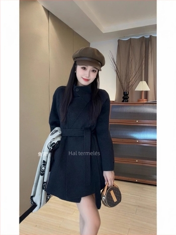 Női kétoldalas gyapjú kabát koreai stílusban, középhosszú, elől fűzős