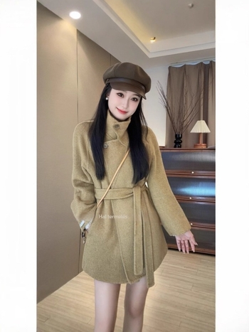 Női kétoldalas gyapjú kabát koreai stílusban, középhosszú, elől fűzős