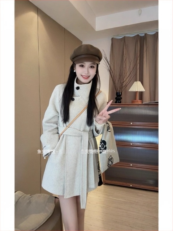 Női kétoldalas gyapjú kabát koreai stílusban, középhosszú, elől fűzős