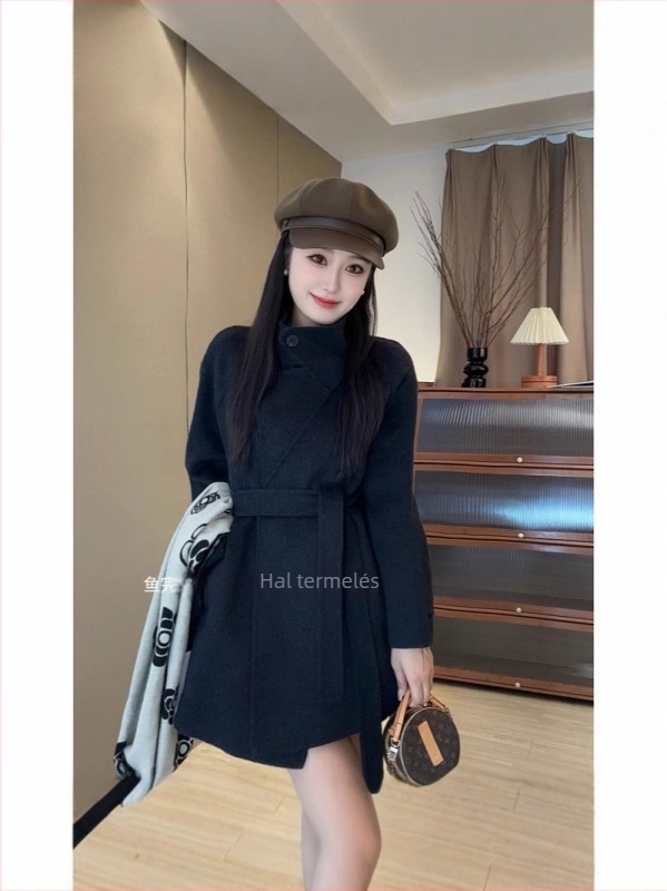 Női kétoldalas gyapjú kabát koreai stílusban, középhosszú, elől fűzős