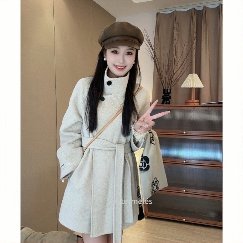 Női kétoldalas gyapjú kabát koreai stílusban, középhosszú, elől fűzős