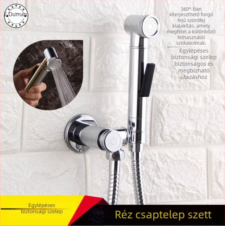 WC spray fegyver kiegészítő rézből, falra szerelt, krómozott felület, nyomás 0.3–15 MPa, működési hőmérséklet 0–90°C