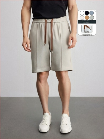 Férfi pamutkeverék rövidnadrág, 3/4 hosszú, elasztikus derékkal és húzózsinórral, laza szabású, háromdimenziós plisék