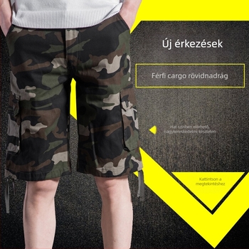 Kamuflált cargo rövidnadrág, középmagasságú derék, félhossz, egyenes szárú, több zseb, pamut